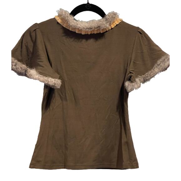Vintage Free for Humanity Jeweled Beadazzled Med Olive Green Rabbit Fur Trim Top - Picture 5 of 16